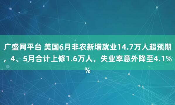广盛网平台 美国6月非农新增就业14.7万人超预期，4、5月合计上修1.6万人，失业率意外降至4.1%